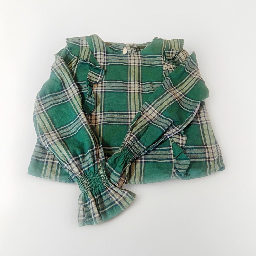 Romeo & Juliet Couture Blouse Top Sz M Gray Red Plaid Ruffle Long Sleeve Shirt
